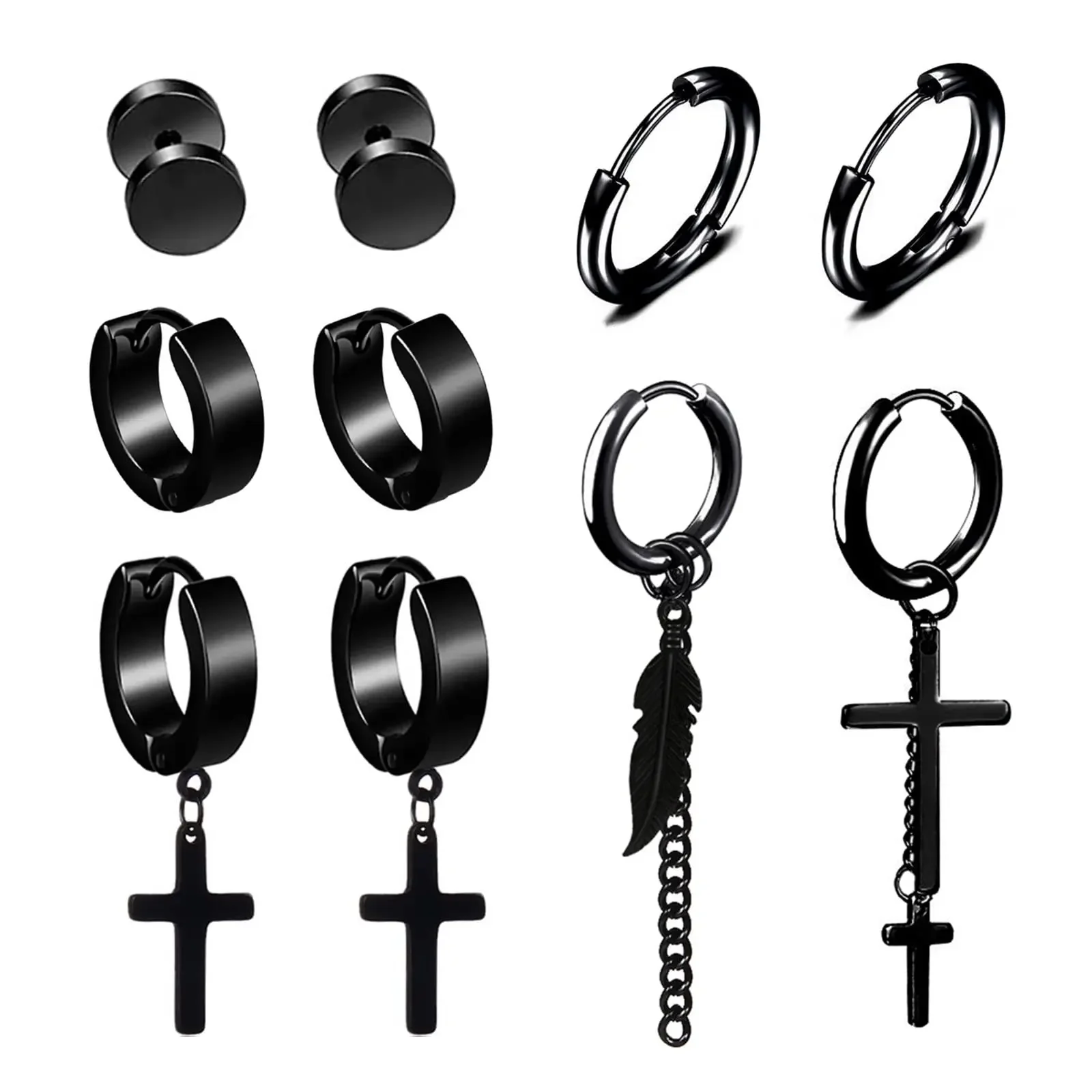 

10 Pieces Stainless Steel Cross Earrings Studs Hoop Earrings Long Chain Dangle Earrings for Men and Women Black/Silver