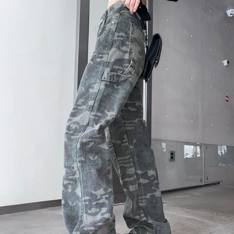 Denim Planet Camouflage Women's Workwear Long Pants Spicy Girl Street Loose Fit 2024 New High Waisted Wide Leg Jeans