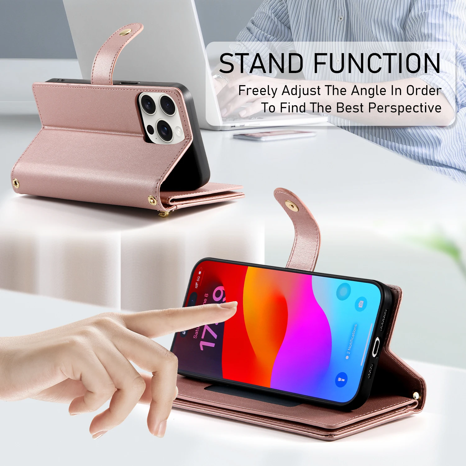 Étui portefeuille en cuir à fermeture éclair pour iPhone 15 Pro Max 16 14 Plus 13 12 11 SE4 XS MAX avec lanière et poche pour cartes_voghion.com