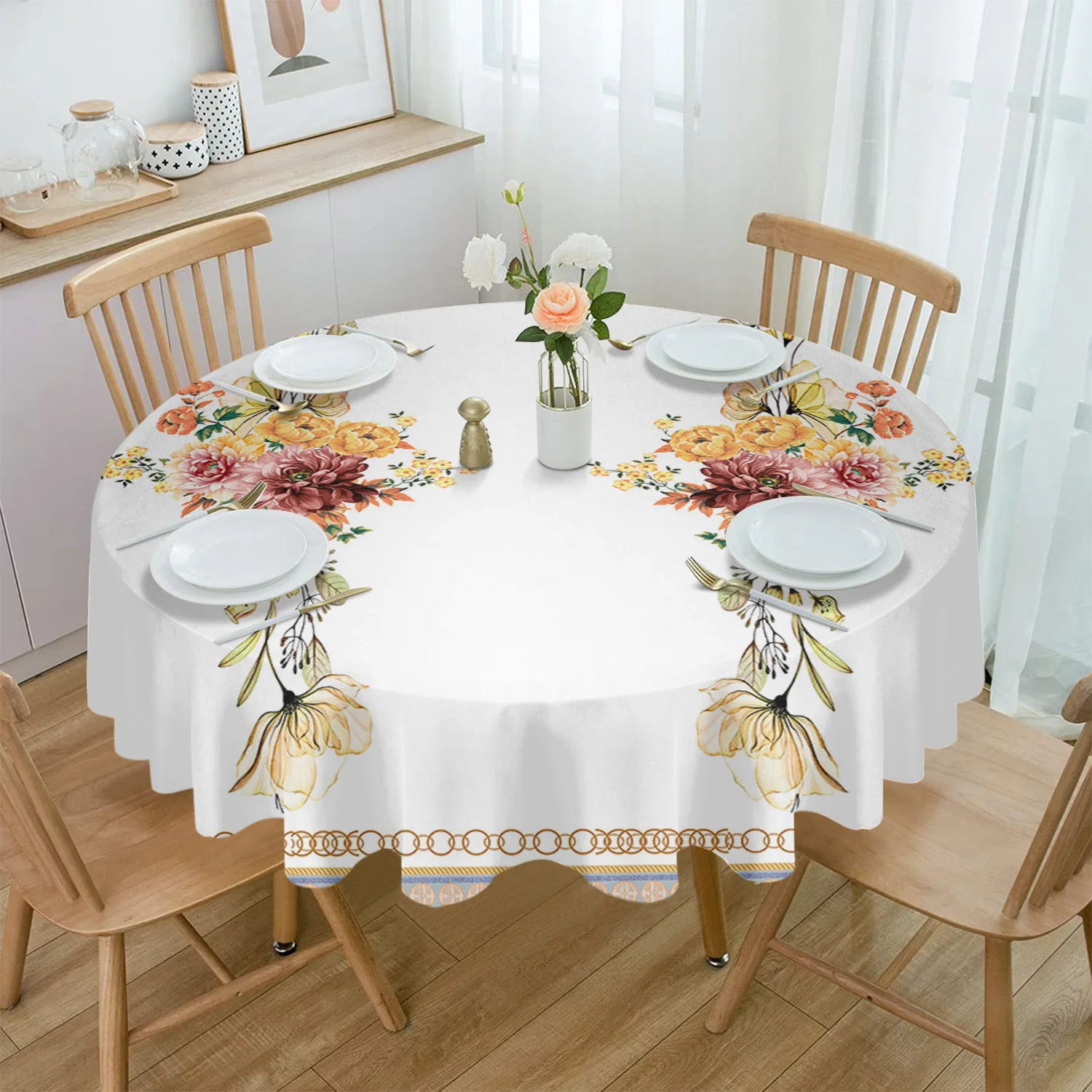 

Flowers Circles Hand Painted Leaves Round Tablecloth Waterproof Table Cover for Wedding Party Decoration Dining Table Cover