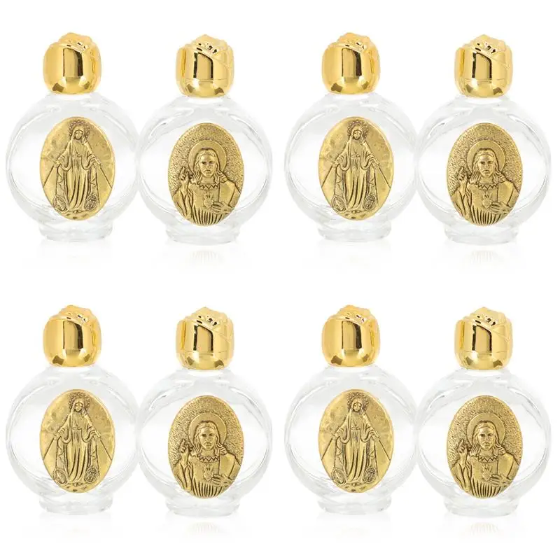 8pcs Metal Decors Glass Refillable Holy Water Container Perfume Bottles Essential Oil Bottles Random Pattern 6.5x4.3cm