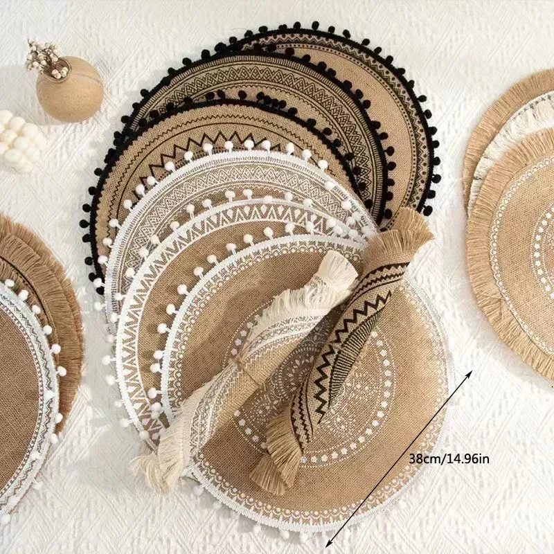 Round Placemat 15 Inch Farmhouse Woven Jute Fringe TableMats with Pompom Tassel Place Mat for Dining Room INS Table Decors