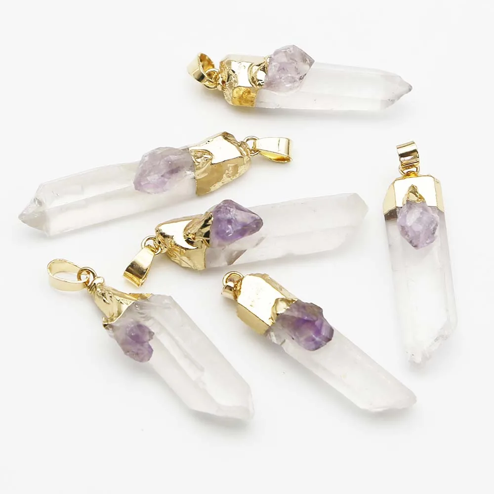 Natural Raw Stone White Crystal Pillar Six Prism Gold Plated Pendant Irregular Amethyst Necklace Charms Jewelry Accessories 8Pcs