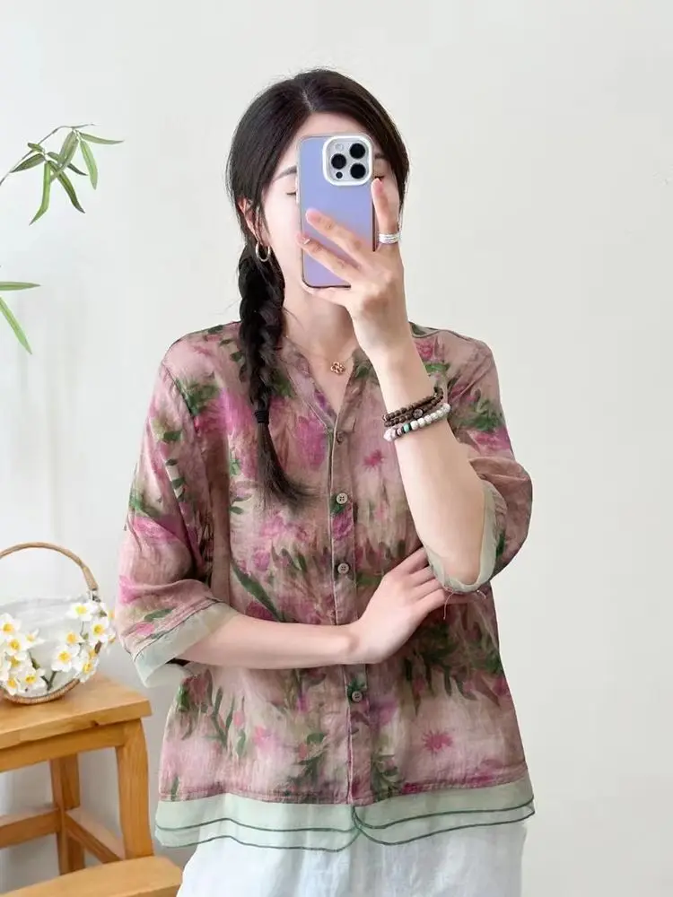 2023 Summer New Maternity Printed Fashion Shirt Ethnic Retro Style Cotton And Linen Pregnant Women's Shirt Maternity Top LF075 3