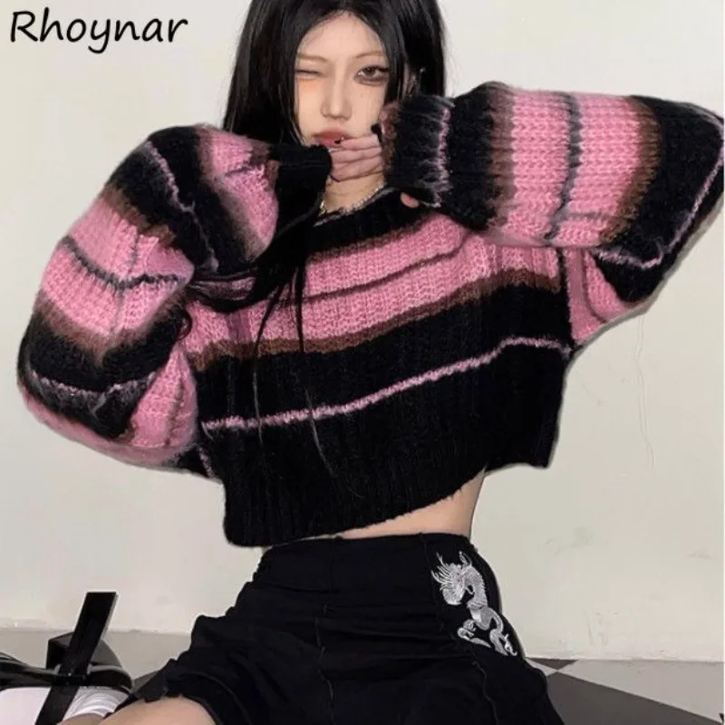 

Crop Striped Sweater Pullovers Women Knitwear European Streetwear Fashion Panelled Temper Teens Hotsweet Hip Hop Pull Femme Cozy