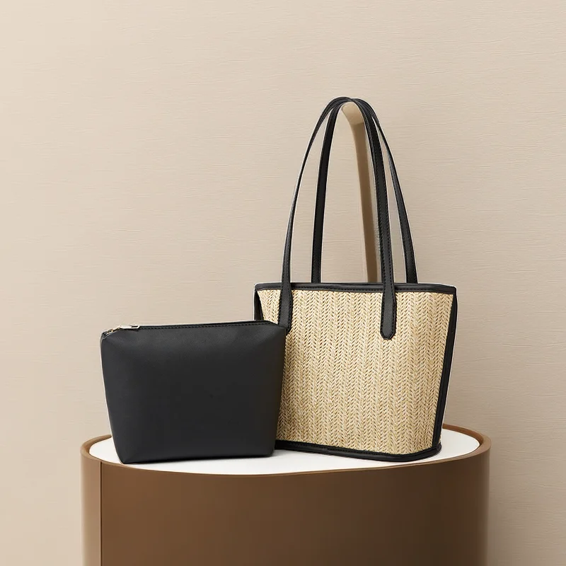 

New Fashion Casual Woven Pattern One Shoulder Combination Bags Minority All-Match Vegetable Basket Portable Bucket Bag