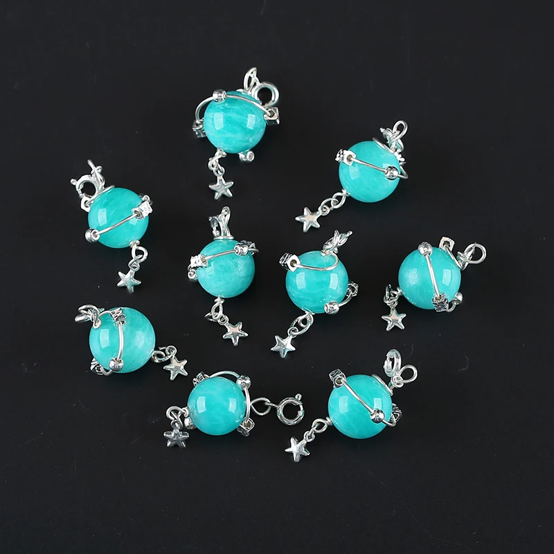 천연 아마조나이트 펜던트, 황동 도금 실버, 여성용 원형 구슬, 천연 원석 쥬얼리, 14mm, 1 개