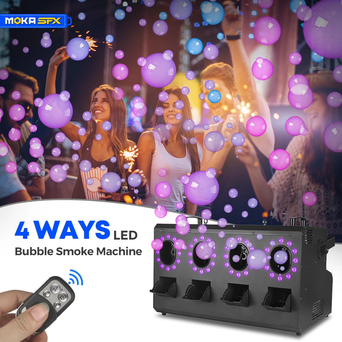 MOKA SFX LED 버블 포그 머신, DMX 원격 연기 버블 머신, 조명 포함 RGBW, 무대 이벤트용 대용량, 4 가지 방식, 1400W