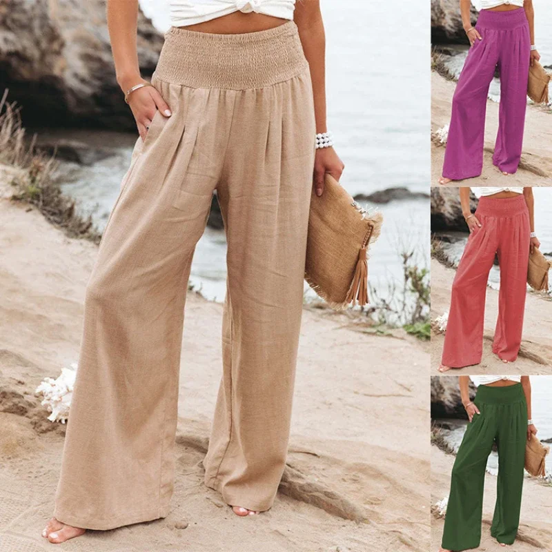

Брюки женские хлопково-льняные с широкими штанинами, модные повседневные пляжные штаны с эластичным завышенным поясом, офисные штаны для отдыха