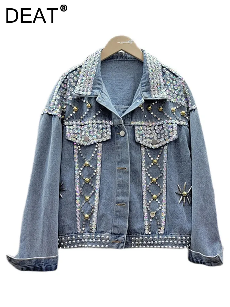 

DEAT Women's Denim Coat Diamond Rivet Single Breasted Embroidered Flares Rivet Jackets 2024 Spring New Fashion 29L6647