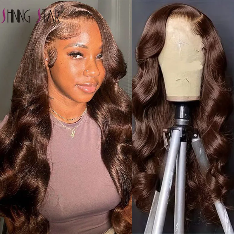 

13x6 Chocolate Brown Body Wave Lace Front Human Hair Wig Transparent Brazilian Preplucked Lace Frontal Wig For Woman 30 34Inch