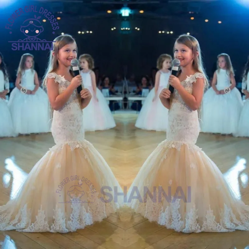 

Champagne Lace V-neck Mermaid Flower Girl Dress for Wedding Evening Party Kids Formal Princess Junior Bridesmaid Dress