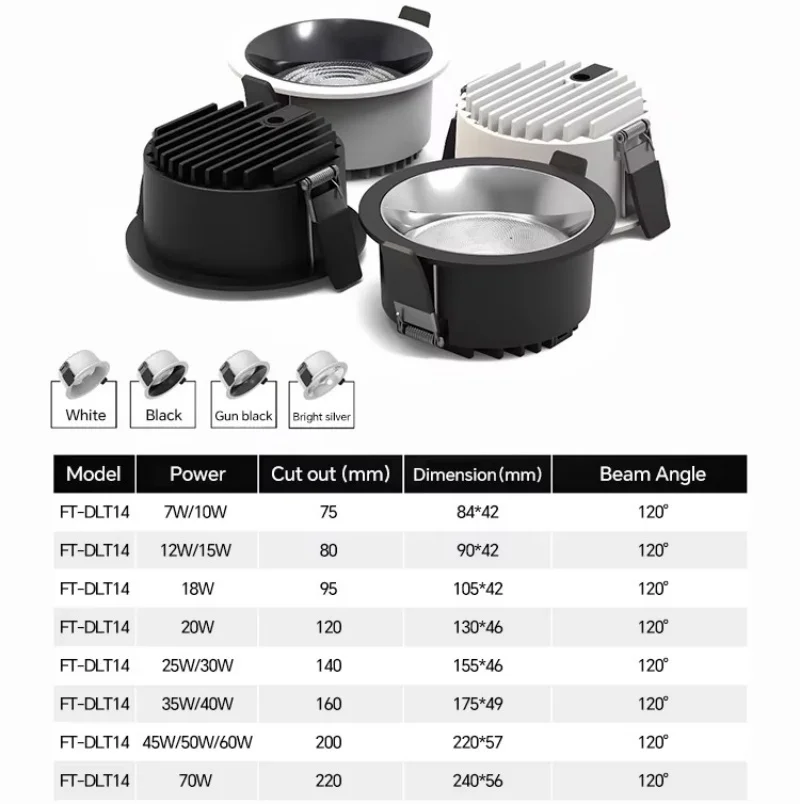 고휘도 7W 10W 12W 15W 매립형 COB LED 다운라이트 디밍 가능 눈부심 방지 스팟 조명 (통합 루멘 120-160Lm/W)
