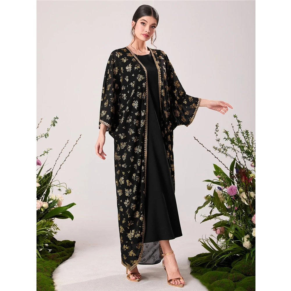 

2 Pieces Muslim Women Mesh Print Open Abaya Inner Dress Set Turkey Arab Dubai Kaftan Eid Party Long Gown Outfits Caftan Vestidos