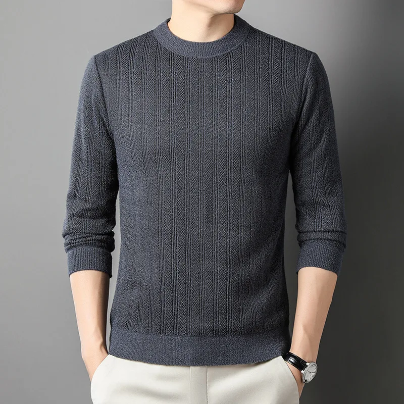 Autumn and Winter Men's Pullover Round Neck Solid Screw Thread Plush Thickened Sweater Knitted Underlay Fashion Casual Tops