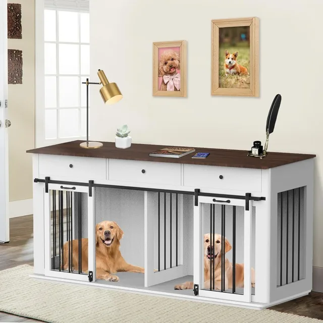 72" Double Dog Crate Furniture for 2 Dogs Heavy Duty Wood Dog Cage Table with 3 Storage Drawers and Removable Divider Dog Kennel