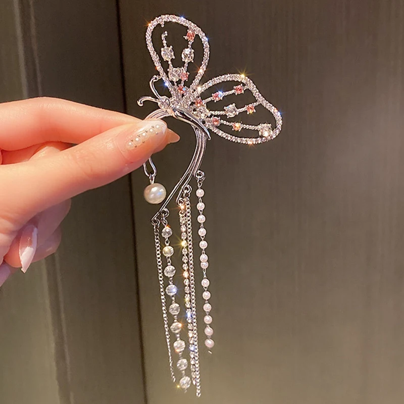 Fashion Crystal Butterfly Clip On Earring Pearl Bead Ear Cuff Long Tassels Charm Hollow Earrings For Women Clip Jewelry Gifts
