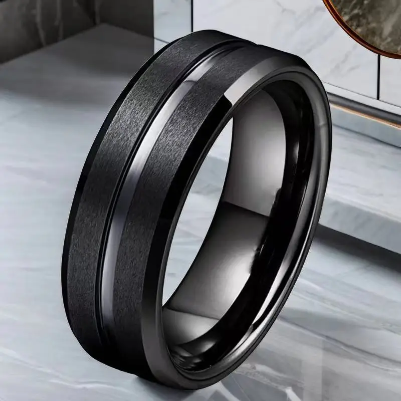 Men's Black Tungsten Beveled Edge Wedding Band with Groove Design