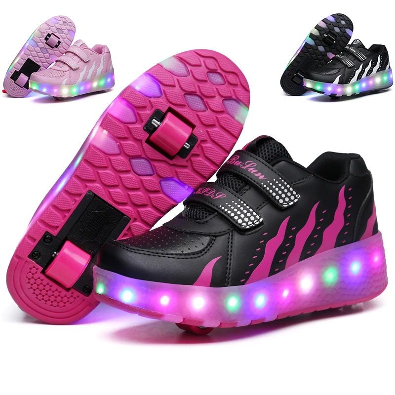 luminosas de dos ruedas para niños y niñas, zapatos de Skate con luz Led Rosa, con carga USB| | -