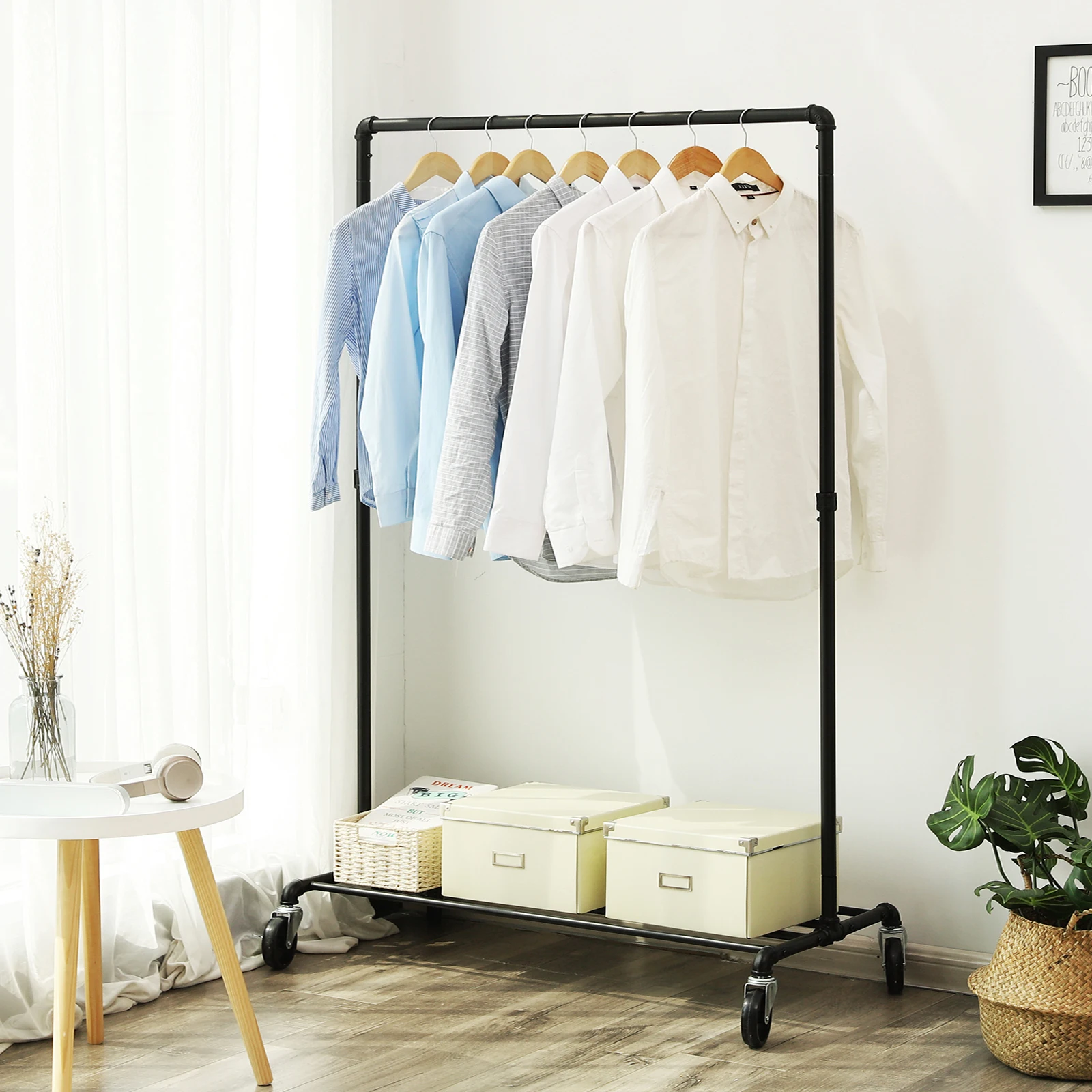 SONGMICS Heavy Duty Metal Clothes Rack on Wheels, Holds 90 kg, Industrial Design, Coat Stand with 1 Clothes Rail and Shelf