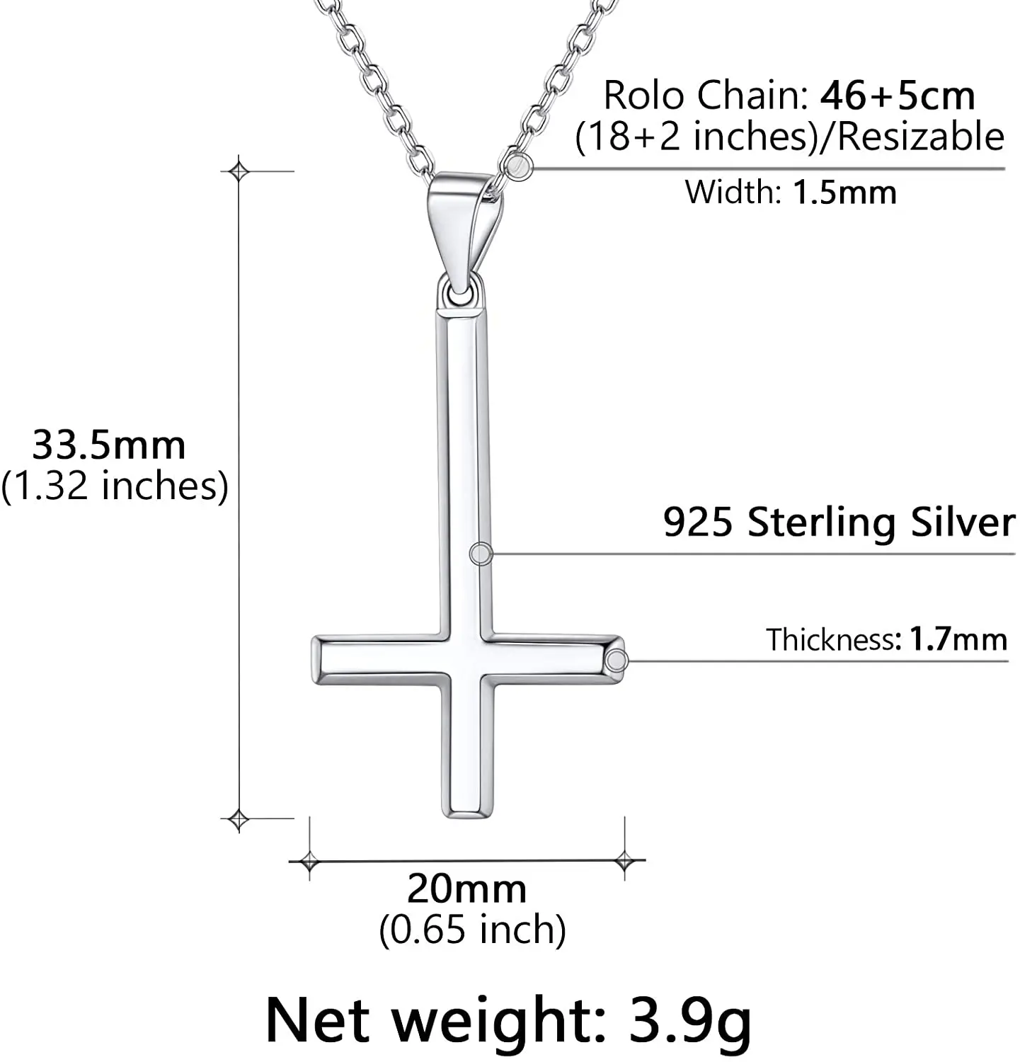 PROSILVER Inverted Cross Necklace Men Women Satanic Jewelry Gift Satanism Occult Devil 925 Sterling Silver Upside Down Cross 6