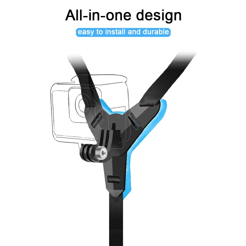 Vue rapprochée du support de menton pour casque moto avec une Insta360 en position de tournage.