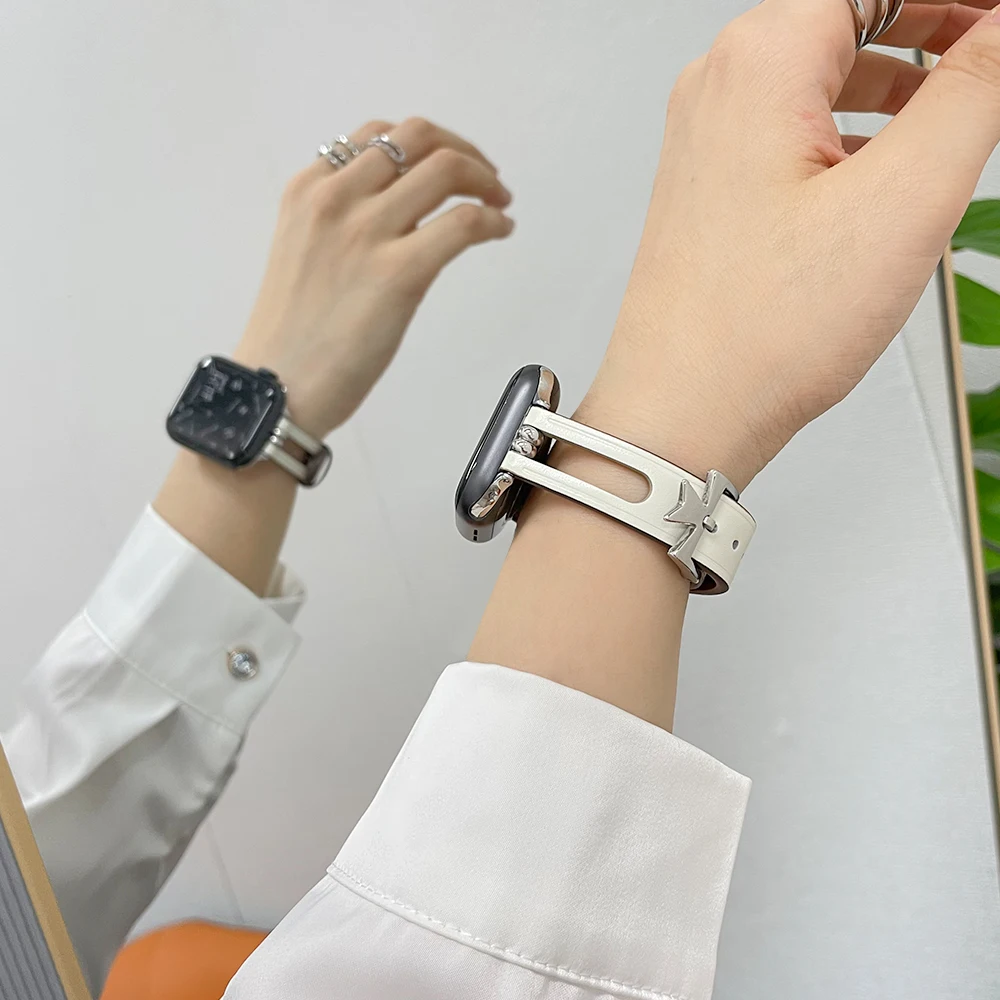 

Genuine Leather Bands Compatible with Apple Watch Band iwatch SE Series Ultra 8 7 6 5 4 3 2 1 Slim Strap Breathable For Women