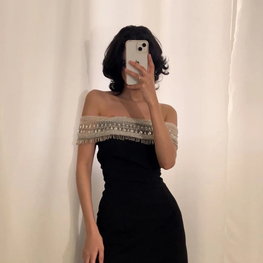 

Elegant Off Shoulder Black Evening Dresses Boat Nek Sleeveless Party Gowns Beadings Ankle Length Mermaid 2024 فساتين السهرة