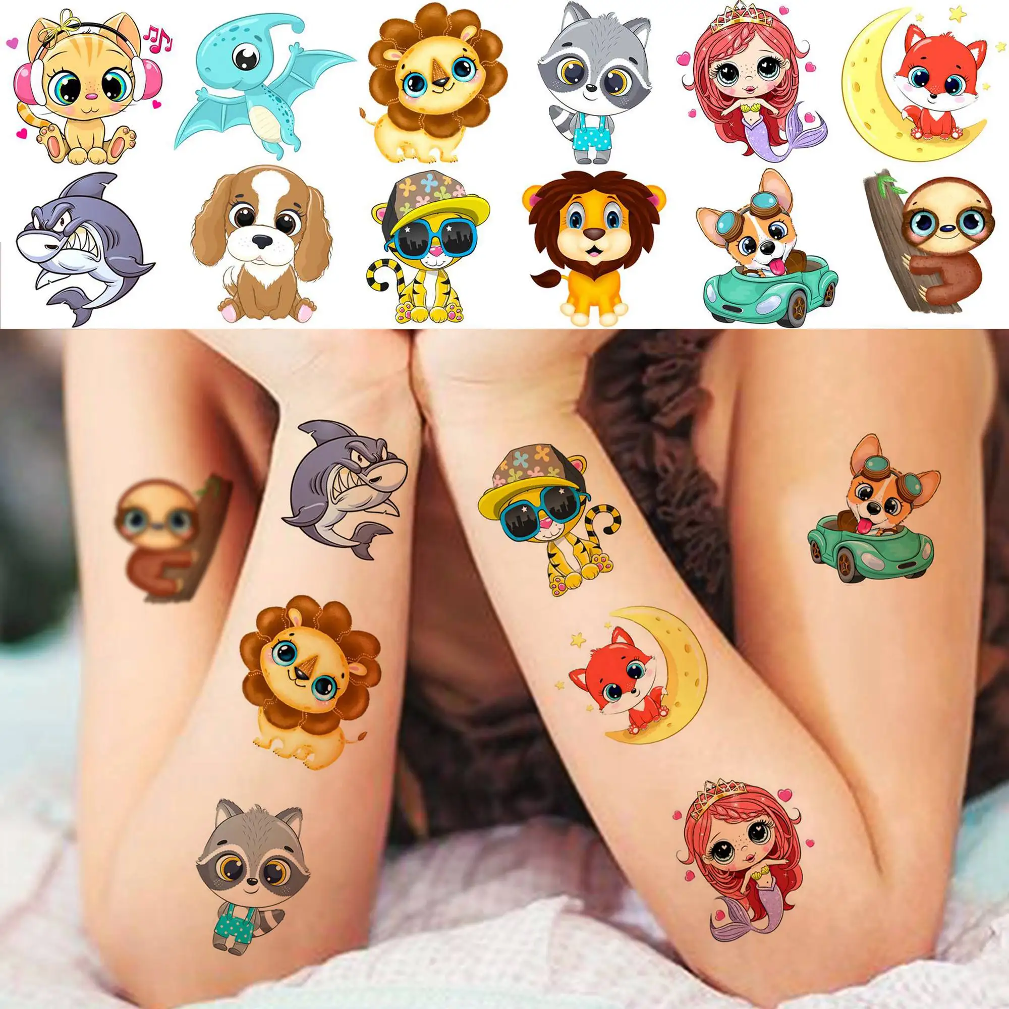 50 PCS 3D Cute Animals Temporary Tattoos For Men Women, Cartoon Animals Lion Dog Cat ZOO Fake Tattoo Sticker Kids Birthday Gifts 3