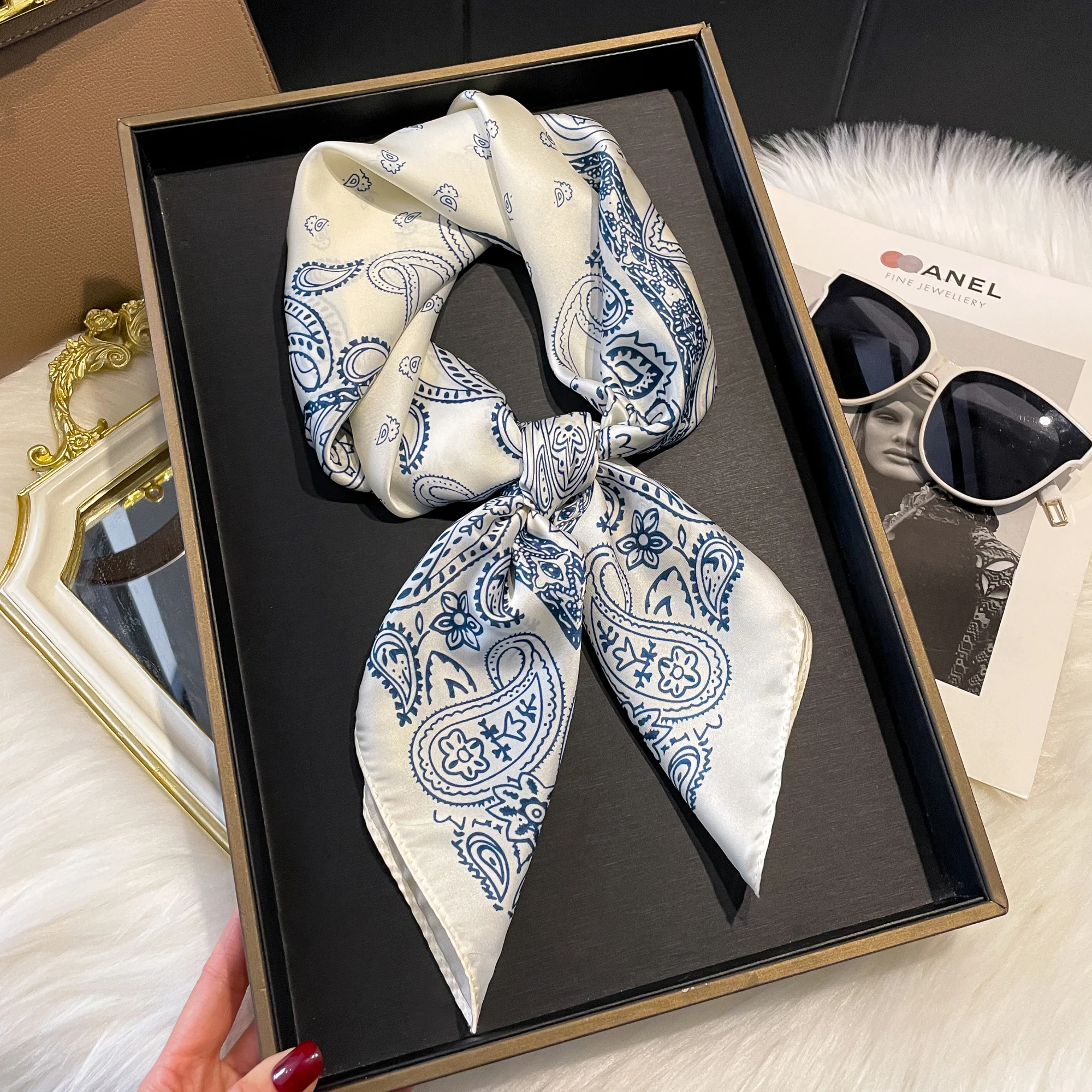 Luxury Fashion Print 70*70cm Silk Square Scarf Women Soft Satin Hairband Neckerchief Tie Female Headband Foulard Bag Ribbon