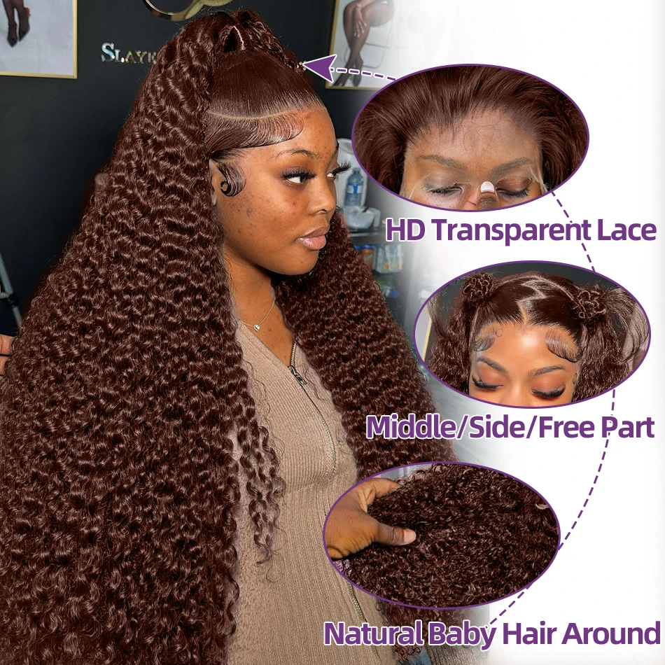 Human hair wig Links Curly Wigs Chocolate Brown Deep Wave 13x6 HD Lace Frontal Human Hair Wigs 40 Inch Remy #2 Colored 13x4 Lace Front Wig