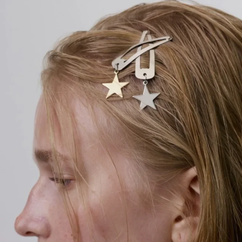 Japanese Y2k Silver Metal Star Hairpin 2023 Korean Punk Cool Pentagram Snap Clips Hair Accessories for Women Charm Headdress