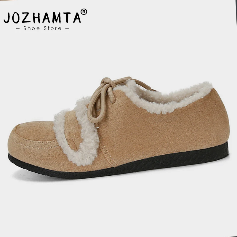 

JOZHAMTA Size 35-40 Flats Shoes For Women Winter Fur Lace-Up Fluffy Home Shoes Womans Warm Plush Fluffy Casual Daily Outdoor
