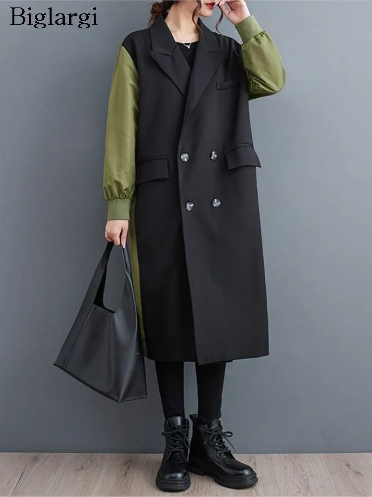 

Autumn Midi Trench Coat Women Long Sleeve Print Patchwork Fashion Ladies Windbreak Casual Loose Woman Oversized Jackets Coats