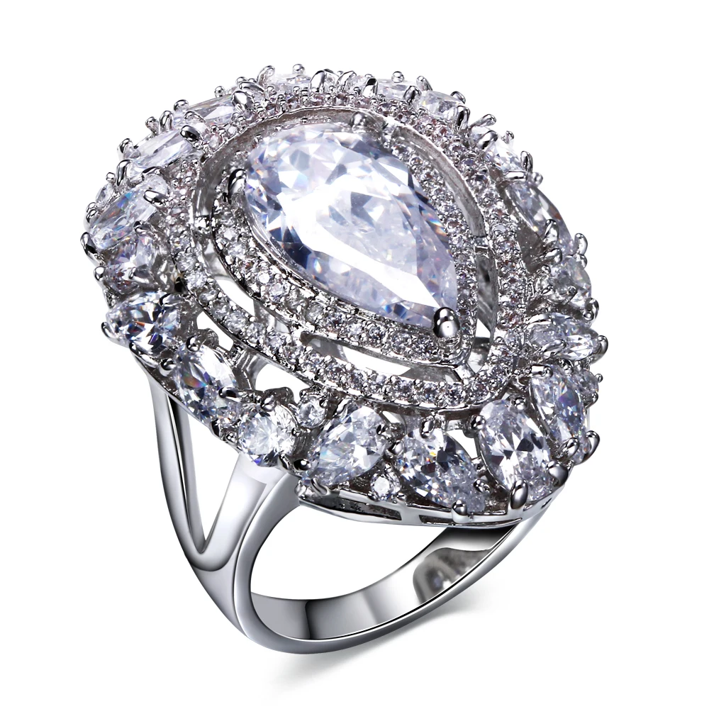 Fashion jewelry Large water drop ring Pave Champagne/Green/White cubic zirconia Brass Metal women rings