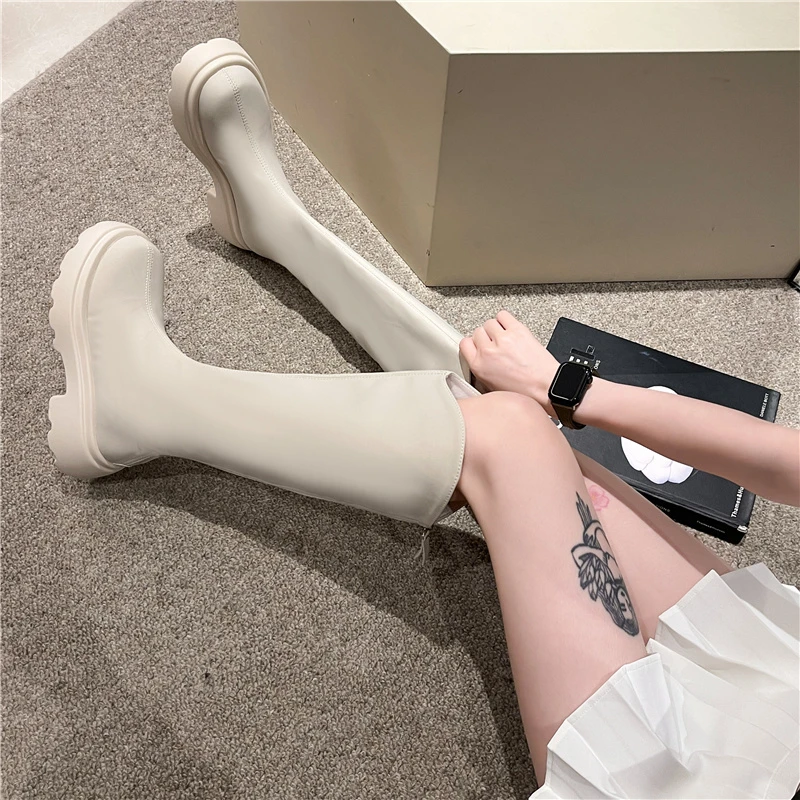 Aphixta Soft Leather Women Knee Boots Back Zipper Close Platform Modern Autumn Boot Shoes Woman Boats botines 6CM High Heel Boot