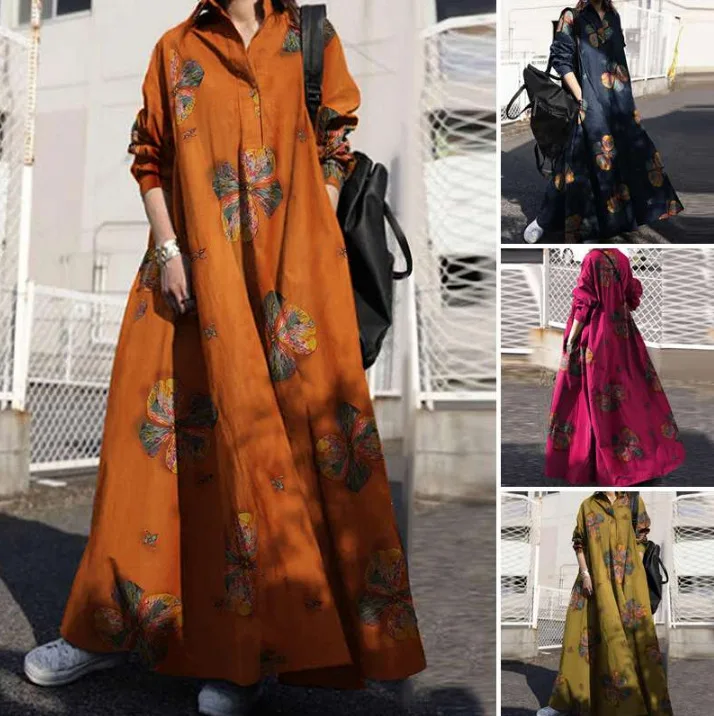 

2023 autumn printed cotton linen retro national style loose long-sleeved big swing dress
