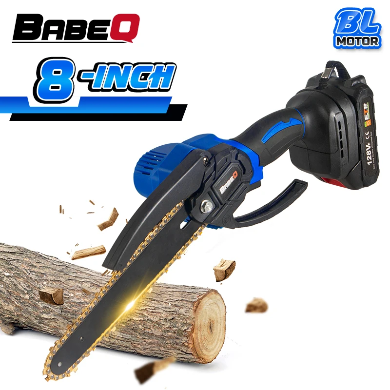 BABEQ 20V 8 Inch Brushless Chain Saw Cordless Mini Handheld Pruning Saw Portable Woodworking Electric Saw Cutting Garden Tools