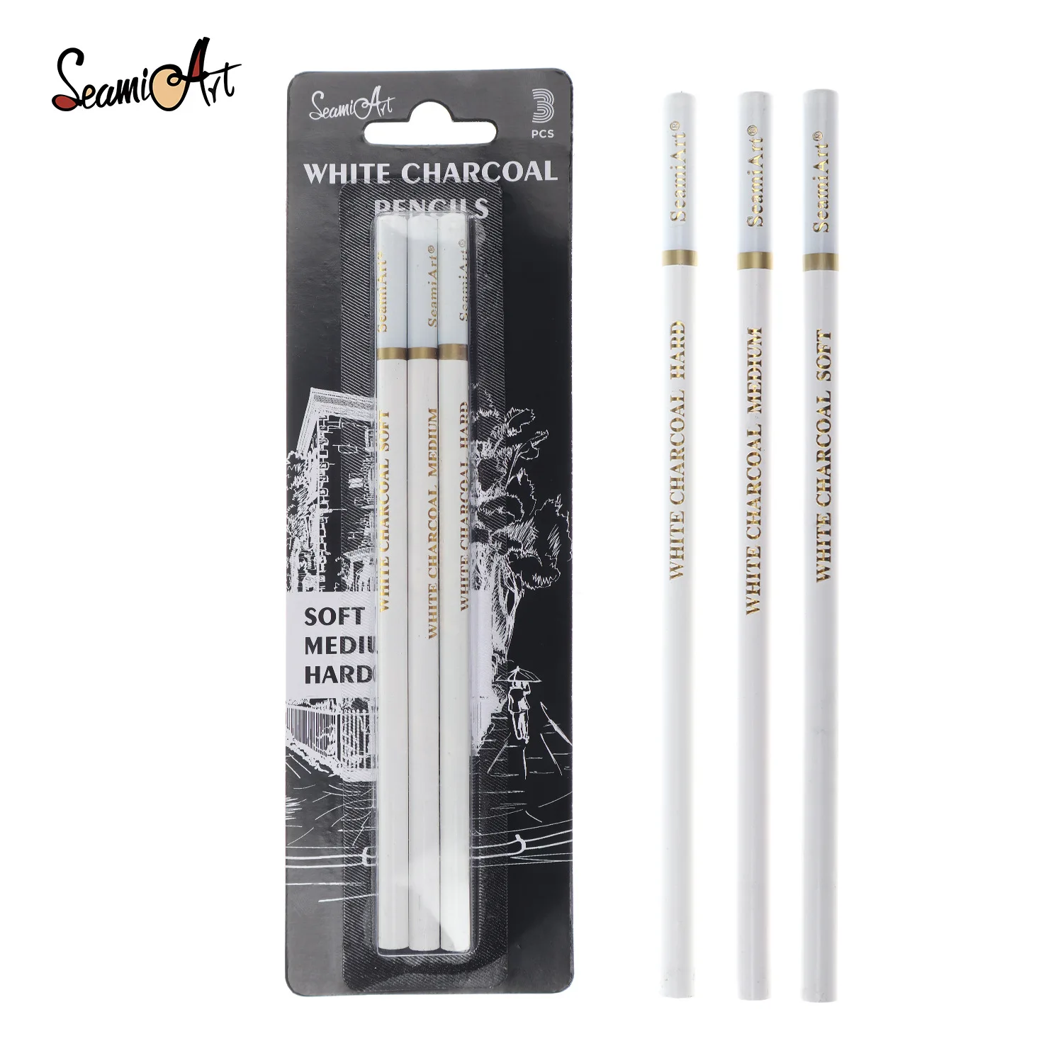 

art supplies soft/medium/hard 3 sticks Art Highlights charcoal sketch pencil white chalk charcoal pencils high gloss painting