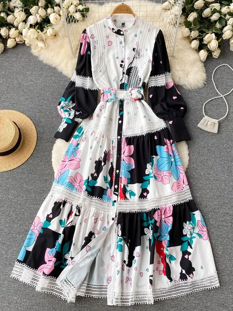 

Holiday Long Lantern Sleeve Maxi Dress Women Clothing Patchwork Flower Print Lace Trims Sashes Buttons Down Party Vestidos