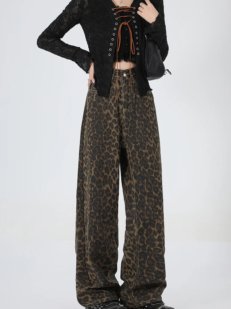 

Универсальные женские джинсы с леопардовым принтом, широкие свободные джинсовые брюки в уличном стиле, мешковатые винтажные дизайнерские джинсы в стиле хип-хоп