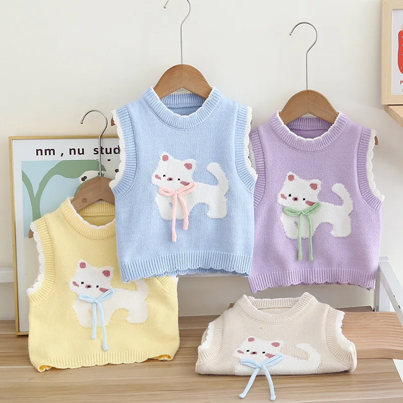 2026 koreanische Trendy Gestrickte Ärmellose Cartoon Katze Stickerei Kinder Mädchen Pullover Weste Feine Stricken Baby Mädchen Sweatshirt Tops Jacke – Detail 1
