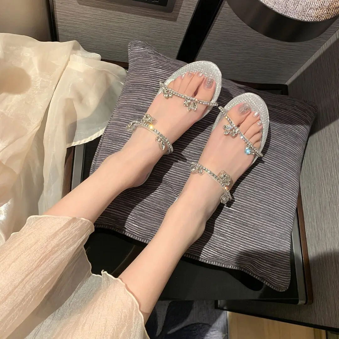 

Summer Flash Rhinestone Thick Heel Open Toe Flat Bottom High-heeled Sandals and Slippers Flat Slippers for Women Modern Slippers