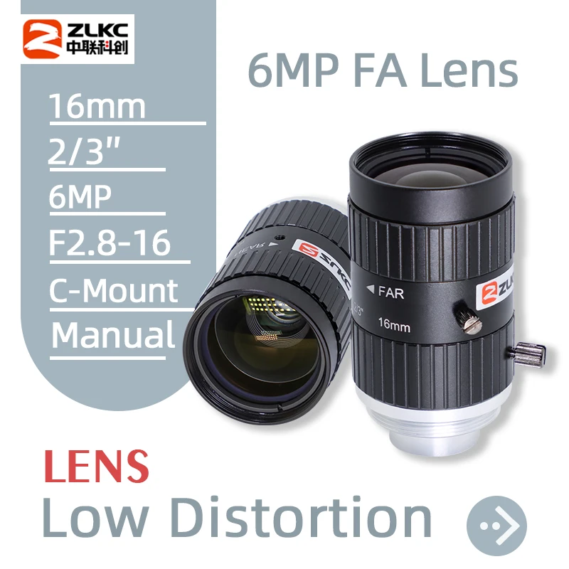 

ZLKC FA Lens 16mm C Mount 2/3 Inch Low Distorsion 6 MP Manual Iris F2.8 Machine Vision CCTV Parts Macro Lenses for Basler Camera