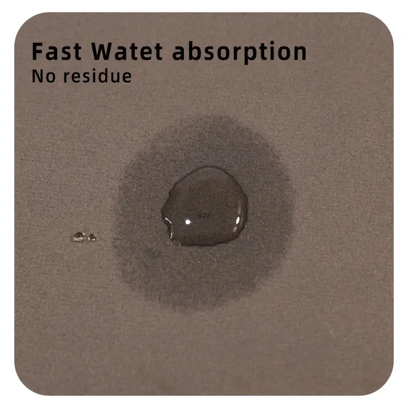 A demonstration of fast water absorption on a brown mat surface with the text "Fast Water absorption, No residue".