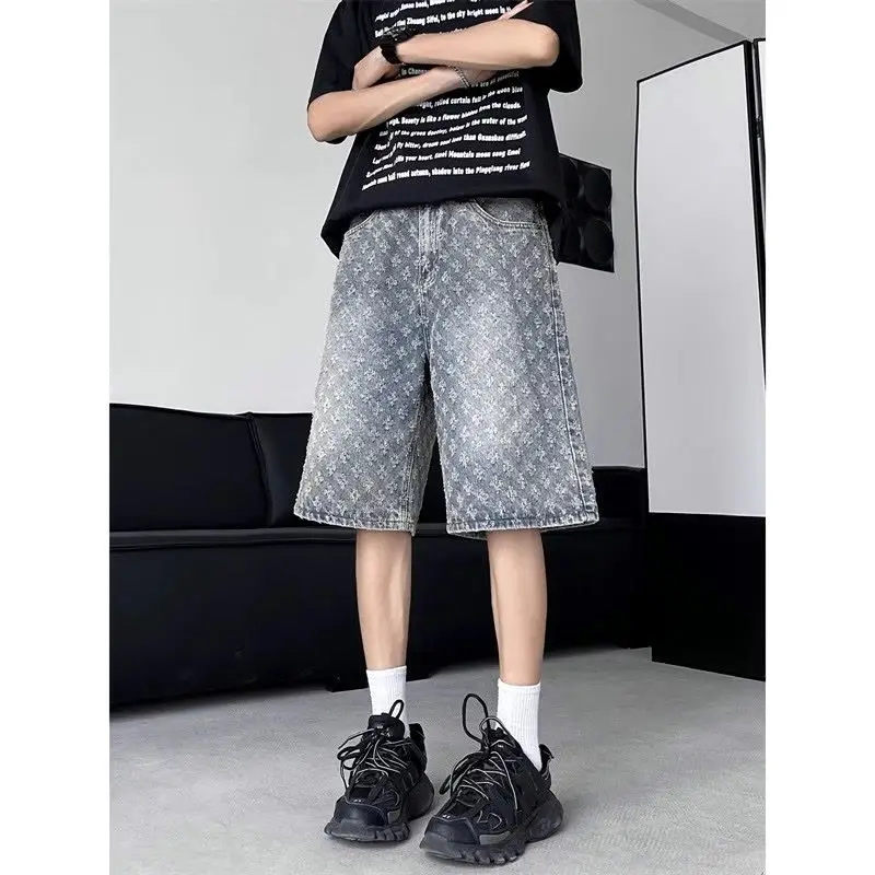 American retro fashion design ripped denim shorts for men summer trendy high street fashion retro mid-pants