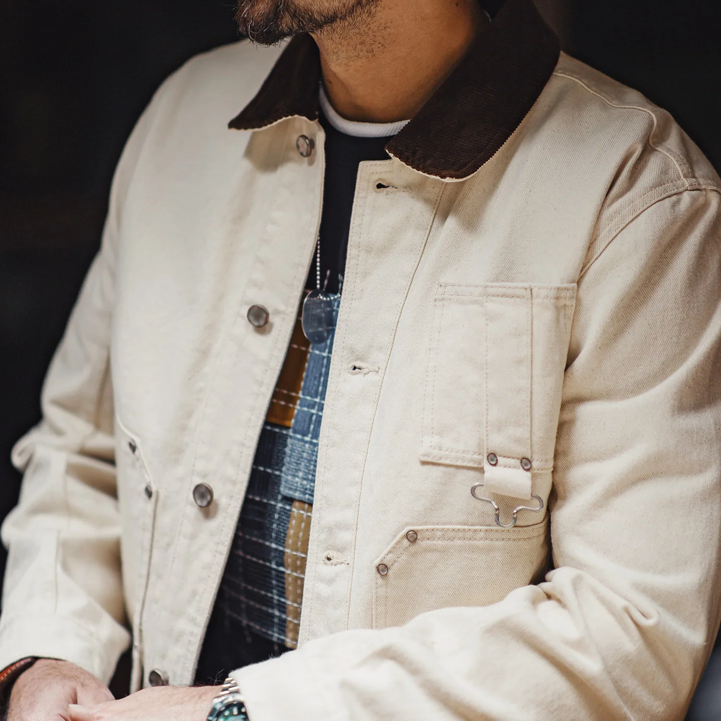 Maden Men's J22 White Cotton Safari Jacket with Corduroy Collar Vintage Heavyweight Workwear Coat Casual Spring Fall Outerwear