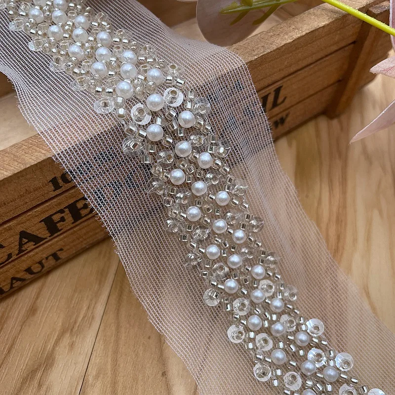 1 Yard Pearl Beaded Trim Bridal Lace Ribbon Embroidered Beads Applique ...