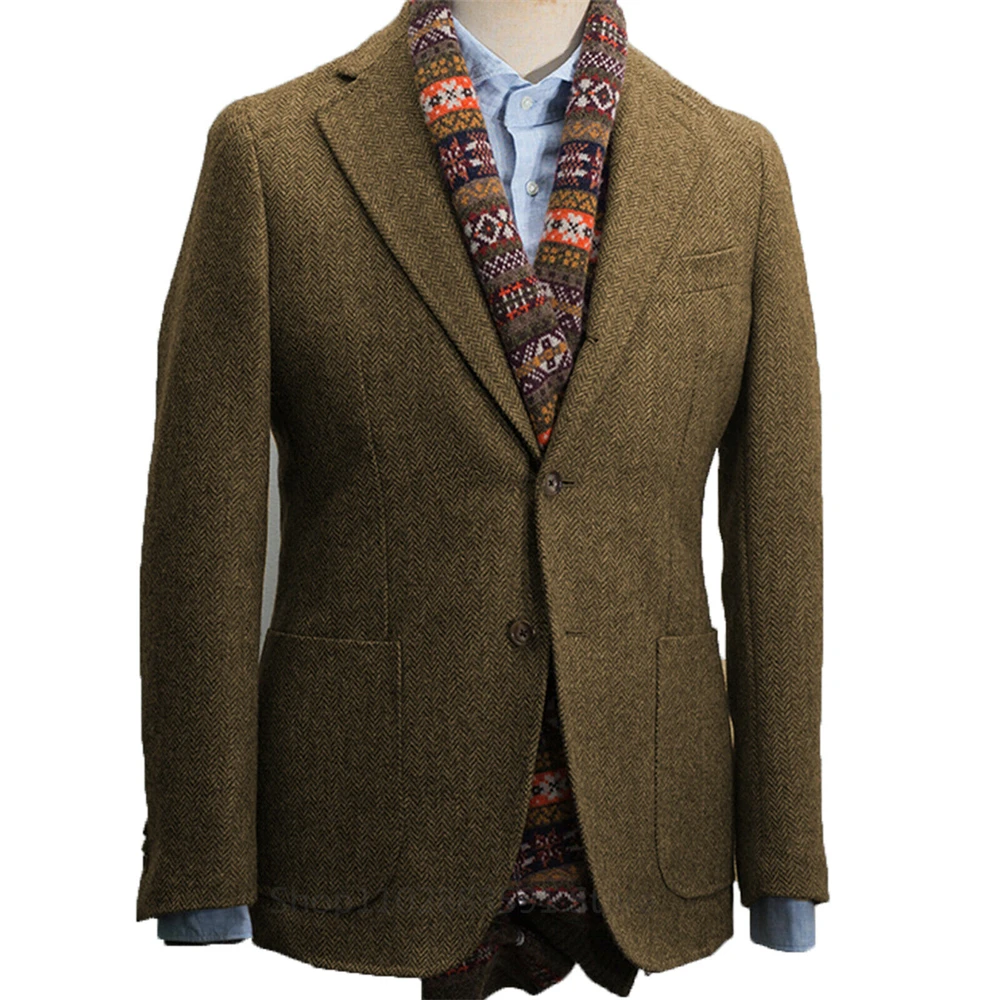 Formal Men's Wool Gray Suits Business Jacket Prom Green Tuxedos One Piece Herringbone Patterned Blazer for Wedding Groomsmen 3