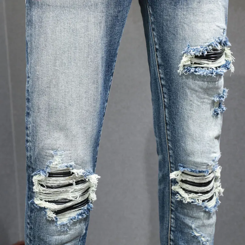 High Street Fashion Men Jeans Retro Blue Stretch Skinny Fit Ripped Jeans Men Leather Patched Designer Hip Hop Brand Pants Hombre